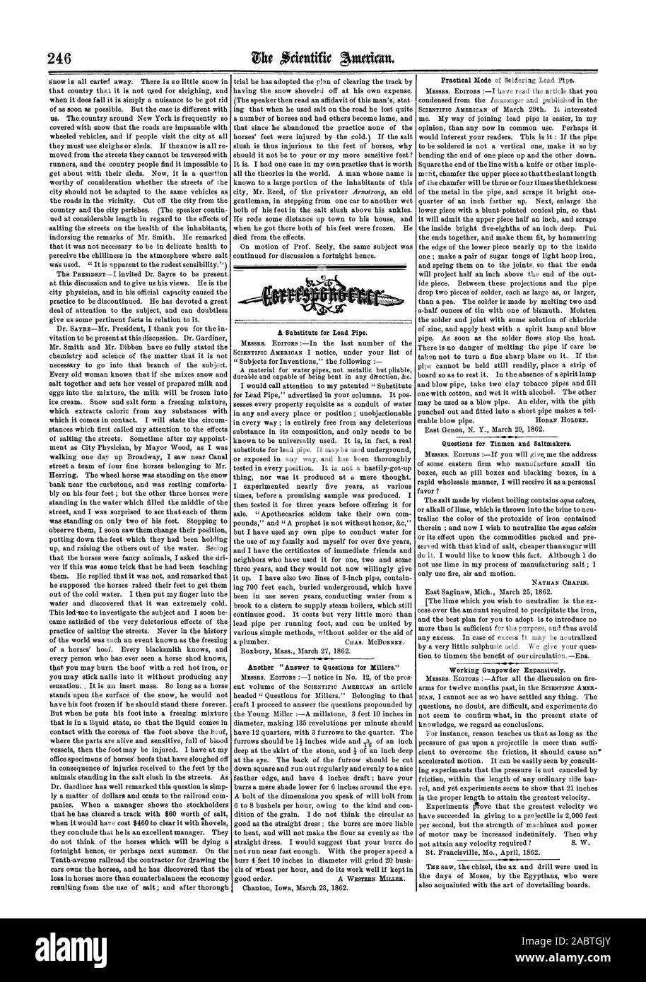 Un sostituto per il tubo di piombo. Un altro 'a rispondere a domande per mugnai.' Modalità pratiche di saldatura tubo di piombo. NATHAN CHAPIN., Scientific American, 1862-04-19 Foto Stock