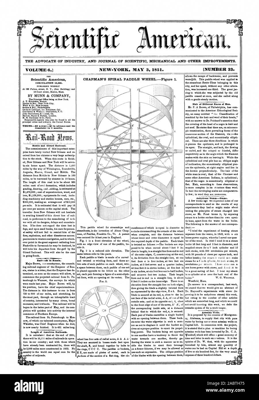 L' AVVOCATO DI INDUSTRIA E UFFICIALE DELLA MECCANICA scientifica e altri miglioramenti. Il volume 6. NEW-YORK. Il 3 maggio 1851. [Numero 33. CHAPMAN spirale della ruota a palette.Figura 1. L'americano scientifico pubblicato settimanalmente termini-42 a-anno.61 in anticipo e il Mobile e Girard Railroad. Ferrovie in Russia. Lunghezza dei treni Americani. Capelli di diverse razze di uomini. Pozzi artesiani., 1851-05-03 Foto Stock