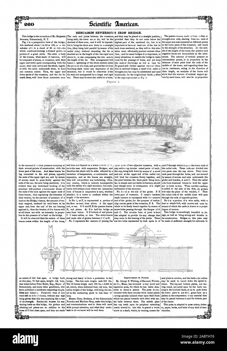 BENJAMIN SEVERSON del ponte di ferro. La figura 1. Beffa CAISC i loro diversi punti di costruzione con la parte inferiore della trave. E tali bretelle essere ing collegato ai pezzi di estremità opposte alle estremità della parte superiore rigida arco e mediante 892 Palestra CIIMIllt SKIM IM.W lir . della sua forza. Oltre a travature per sus te carichi su questo ponte delle travi e tonnellate., Scientific American, 1851-05-03 Foto Stock