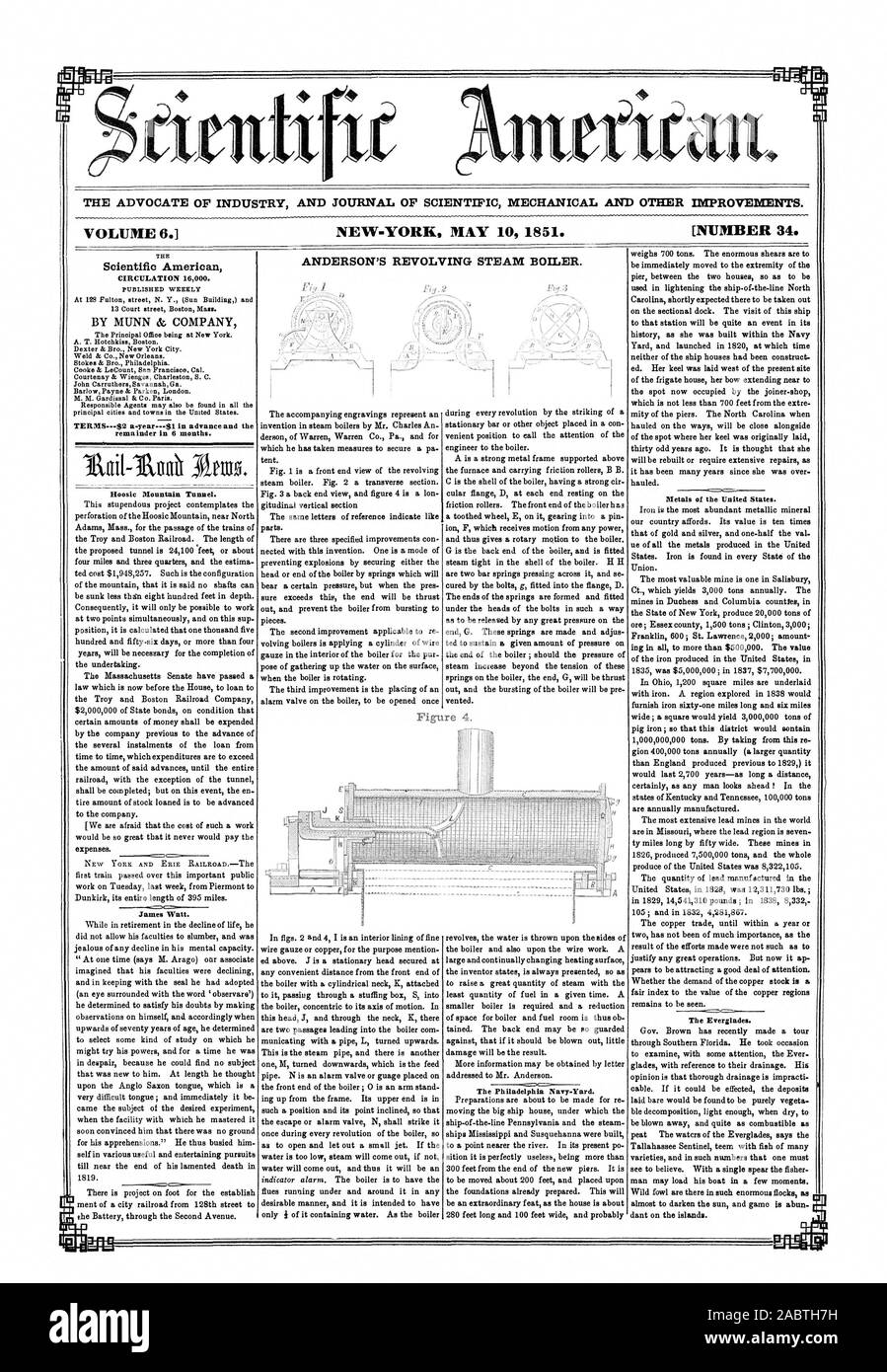 L' AVVOCATO DI INDUSTRIA E UFFICIALE DELLA MECCANICA scientifica e altri miglioramenti. VOLUME O. NEW-YORK 10 maggio 1851. [Numero 34. ANDERSON girevole la caldaia a vapore. Scientific American MM1 1 1%, 1851-05-10 Foto Stock