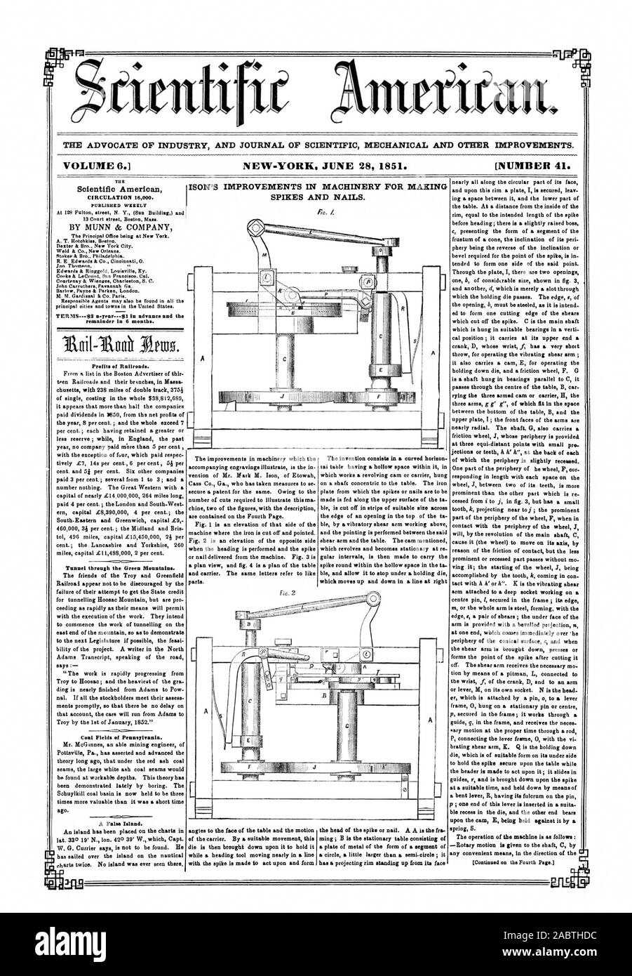 L' AVVOCATO DI INDUSTRIA E UFFICIALE DELLA MECCANICA scientifica e altri miglioramenti. Il volume 6. NEW-YORK IL 28 GIUGNO 1851. [Numero 41. ISON'S miglioramenti nelle macchine per la fabbricazione di chiodi e chiodi. 1MIL MI 0 'Im=1 il Scientific American resto in 6 mesi. I profitti di ferrovie. Tunnel attraverso il verde delle montagne. Un falso isola. Zit -ilt A, 1851-06-28 Foto Stock