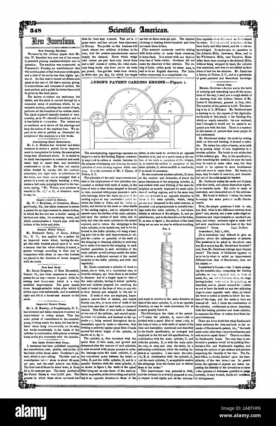 Nuova macchina levigatrice. Impariamo da Albany carte che il sig. Geo. W. Beardslee è ora uno dei suoi ultimi ly brevettato piallatrici finito ed in esercizio. La macchina è stata costruita a Townsend Fonderia di uno stabilimento che non sia un pezzo di cattivo lavoro passano al di fuori della porta e una prova della sua fondatezza è stata altamente spo ken. In questa prova si è scoperto quindici pollici plank al tasso di 120 piedi al minuto dando una uniformità e la regolarità della superficie la più perfetta e un polacco di gran lunga migliore rispetto a quella che potrebbe essere dato dal lato piano. I coltelli o i coltelli sono fermi ma elastica e la Foto Stock