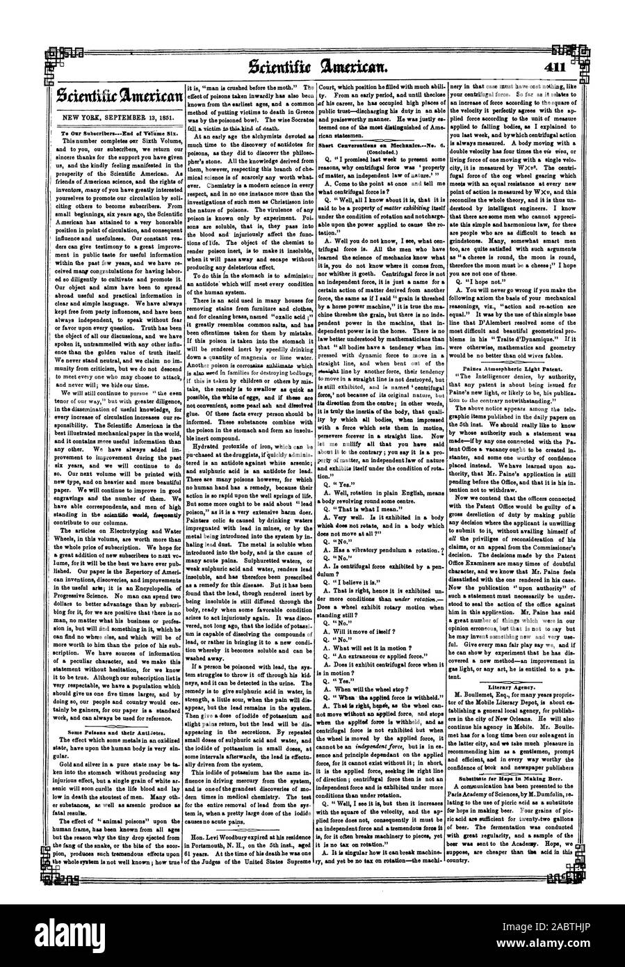 Relativa all'uso di acido picrico come sostituto della birra. La fermentazione fu condotta con grande regolarità e un campione della birra è stata inviata per l'Accademia. Il luppolo noi supponiamo che sono meno costosi di quelli di acido in questo paese, Scientific American, 1851-09-13 Foto Stock