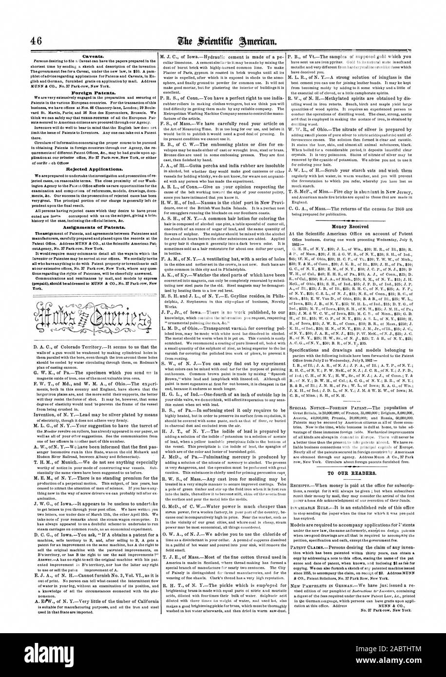Brevetti stranieri. Le domande respinte. Le assegnazioni dei brevetti. Per i nostri lettori., Scientific American, 1862-07-19 Foto Stock