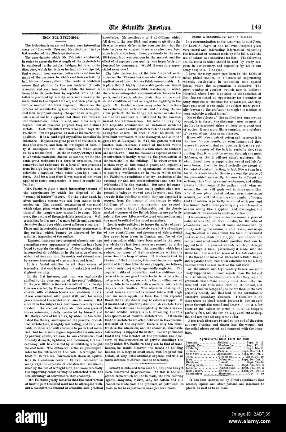 Oakum un sostituto per la peluria nelle ferite. Di Stato nel settore agricolo per fiere 1862., Scientific American, 1862-09-06 Foto Stock
