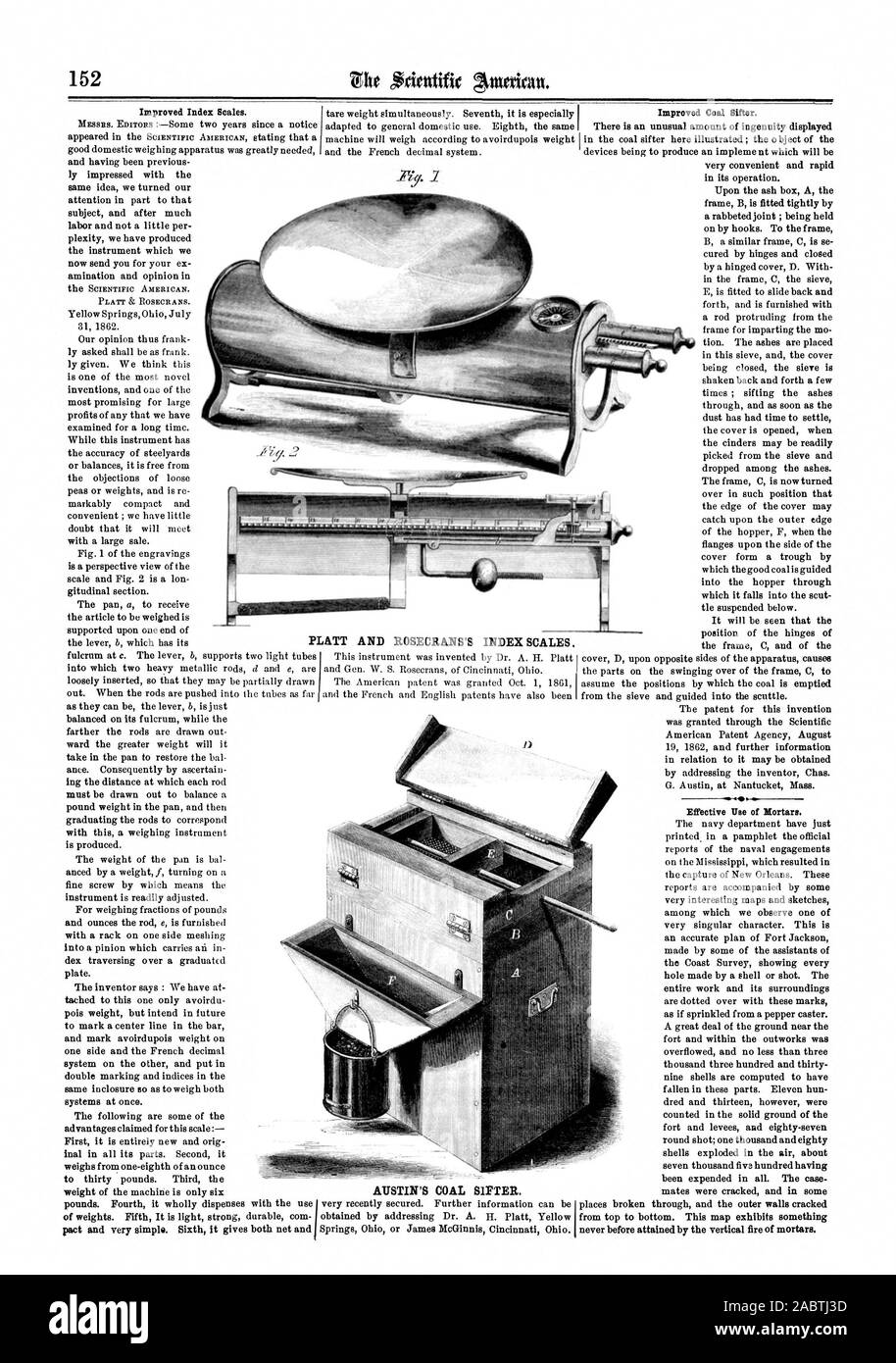AUSTIN DEL CARBONE buratto. PLATT E ROSECRANS INDICE DELLA BILANCIA., Scientific American, 1862-09-06 Foto Stock