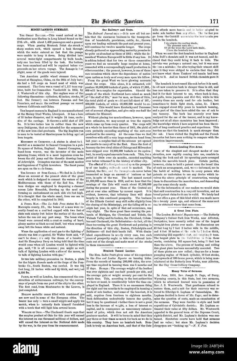 Riepilogo varie. destinazione vicino a Harlem nel Long Island Sound il 27 ult. con circa 1400 passeggeri e un carico generico. Quando il passaggio di Montauk Point ha colpito un brusco sunken rock che ha aperto una perdita attraverso la quale l'acqua entrava così in fretta che le pompe non sono state in grado di tenere giù. Essendo diviso in più a tenuta stagna vani dalle teste di bulk solo uno è stato riempito dalla perdita. Il suo fondo è stato esaminato e verrà riparato prima che ella leggera nessuno dei beni sono stati feriti. bruciato in Cina Shanghae il 16 luglio scorso ; aveva un carico completo a bordo la maggior parte dei quali è stata Foto Stock