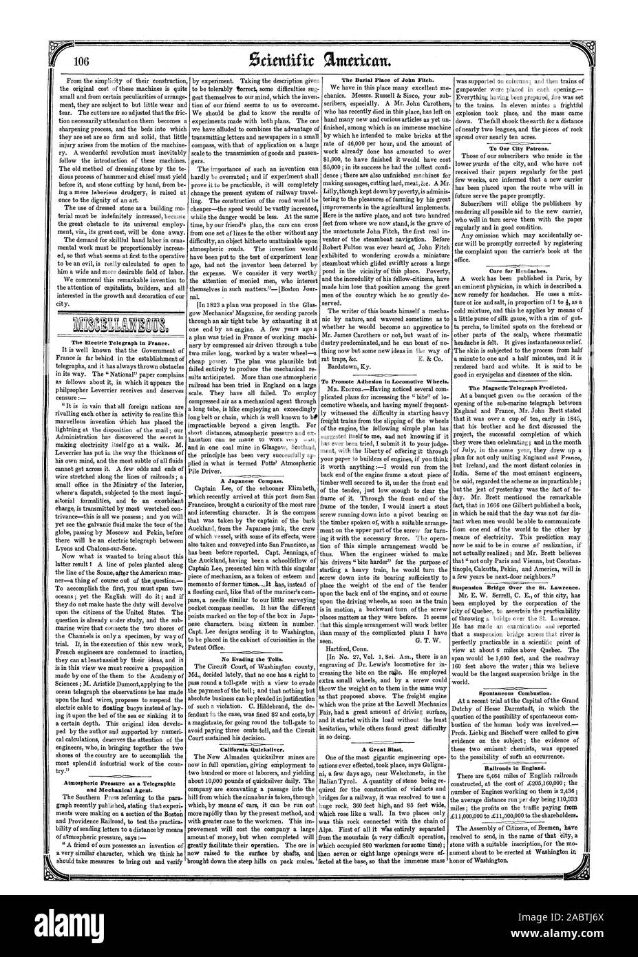 N. di eludere i pedaggi. California Quicksilver. Il telegrafo elettrico in Francia. Pressione atmosferica come telegrafici e agente di meccanica. Il luogo di sepoltura di John Fitch. Per promuovere l'adesione in le ruote delle locomotive. Una grande esplosione. Una bussola giapponese. Per i nostri patroni della città. Per curare il mal di testa. Il Telegrafo magnetico previsto. Sospensione ponte sopra il San Lorenzo. La combustione spontanea. Ferrovie in Inghilterra., Scientific American, 1851-12-20 Foto Stock