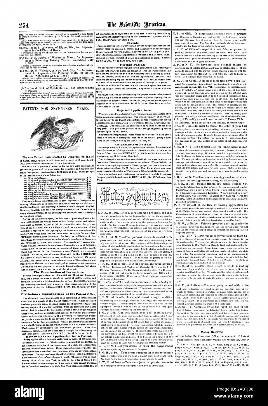 Non è conveniente fare ci è ma poco rischio nella banca di invio delle fatture da Co. No. 37 PARK ROW New York. Avvertenze. minor tempo inviando un bozzetto e descrizione della invenzione il governo tassa per un avvertimento ai sensi della nuova legge è $10. Un pam brevetti stranieri. business abbiamo uffici a n. 66 Chancery Lane Londra; 29 Boule vard San Martin Parigi; e 26 Rue des Eperonniers Bruxelles. Abbiamo mita fissato per i cittadini americani vengono procurati attraverso la nostra agenzia. limitare il rilascio di brevetti per gli inventori. Uno può prendere le OAT un brevetto vi. nella quota di iscrizione sono anche realizzato come segue : sul deposito di ciascuna avvertenza $10 su Foto Stock