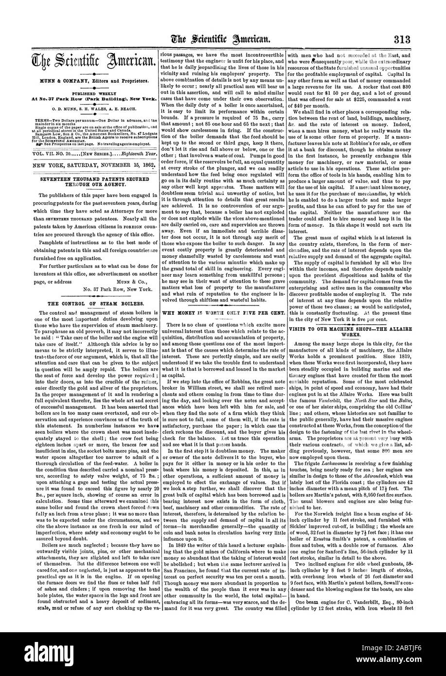 Al n. 37 Park Row (edificio del parco). Nuovo 'York. Diciassette migliaia di brevetti depositati attraverso la nostra agenzia. Il controllo delle caldaie a vapore. Perché il denaro vale la pena solo il cinque per cento. Visite ai nostri negozi di macchina-Il ALLAIRE OPERE. Scientific American, 1862-11-15 Foto Stock