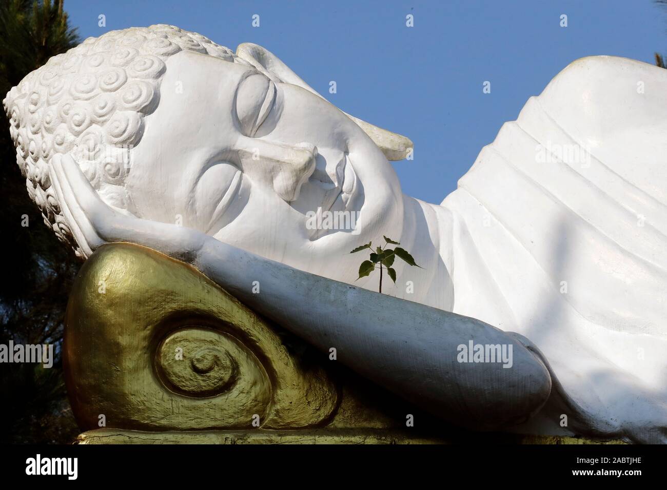 Buddha reclinato. Dopo 45 anni di insegnamento il Dharma, il Buddha passati nel parinirvana. Statua. Tinta. Il Vietnam. Foto Stock