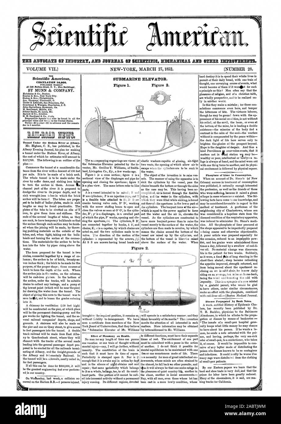 Sommergibile ascensore. Tag Scientific American pratica 10000. Pubblicato settimanalmente a 128 Fulton Street N. Y. (Sun edifici) DA MUNN & Company. Hotchkiss & Co. Boston. Dexter & Bro. La città di New York. Stokes & Bro. Philadelphia. 3n°. Thomson Cincinnati 0. Cooke & LeCount San Francesco Cal. M. Boullemet Mobile Ala. Sidney Smith St Louis Mo. Barlow & Co. Londra. M. Gardissal & Co. Parigi. Gli agenti responsabili possono anche essere trovati in tutte le principali città e cittadine nella " Stati Uniti. Termini-$2 a-anno-$1 in anticipo e rimangono der in 6 mesi. Effetto di monotonia sulla salute. Fosfato di calce Foto Stock