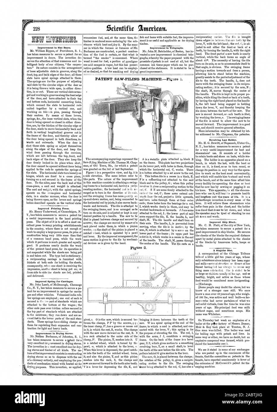 Miglioramento della stecca porte. Miglioramento delle funzioni di stampa premere. Molla migliorata per le carrozze. Revolving ultimo detentore. Migliorato il blocco navale. Un singolare Diet., Scientific American, 1852-04-03 Foto Stock