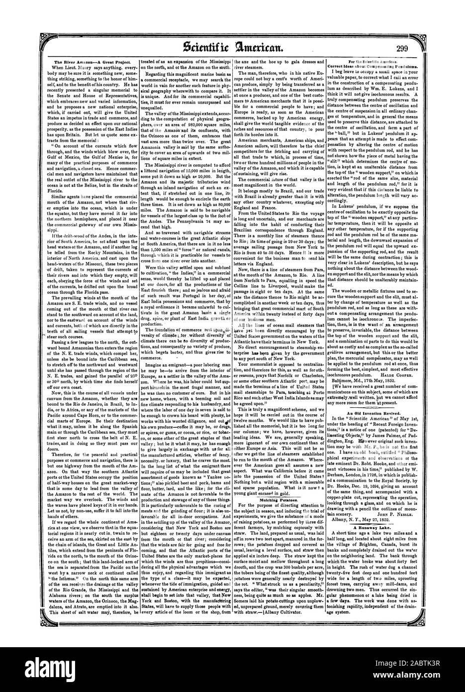 Il fiume AmazonA grande progetto. Mulching di patate. Correggere idee sui pendoli di compensazione. Una vecchia invenzione rivivere. Un lago di Runaway., Scientific American, 1852-06-05 Foto Stock