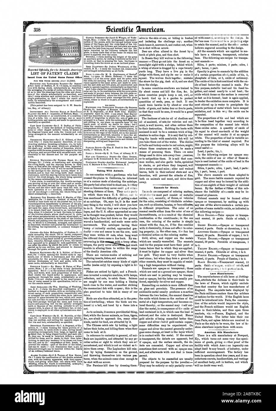 Elenco delle rivendicazioni del brevetto rilasciato dall'Ufficio Brevetti degli Stati Uniti tenendo gli animali selvatici. TOM. Smalti per metalli. Pizzi produce. American seta Fabbricazione, Scientific American, 1852-07-25 Foto Stock