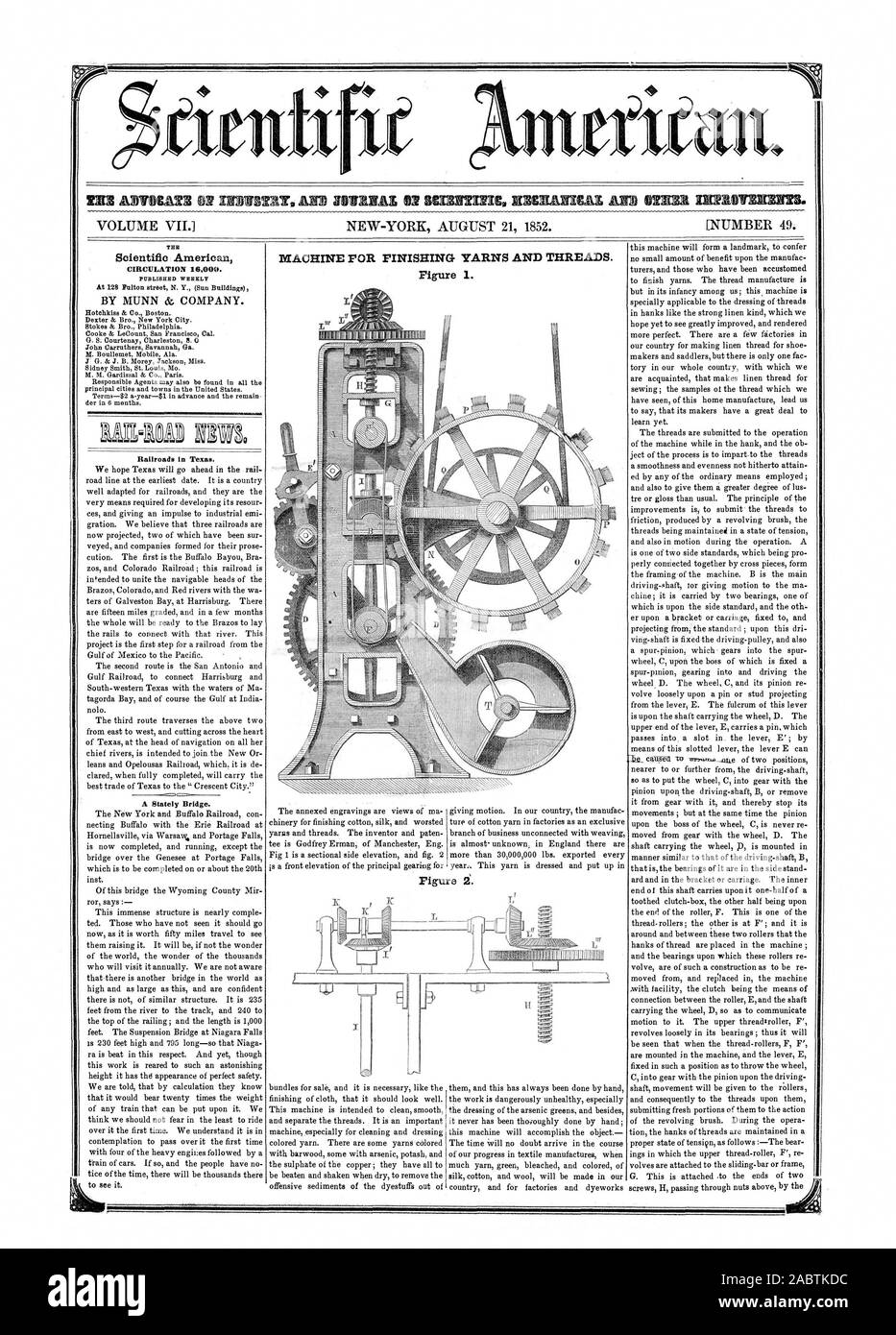 Un volume VII. [Numero 49. Macchina per il finissaggio dei filati e filati. La figura 1. Il Scientific American pratica 16000. Pubblicato settimanalmente da MUNN & Company. Ferrovie in Texas. Un imponente ponte. 6 07. Figura 2:., 1852-08-21 Foto Stock