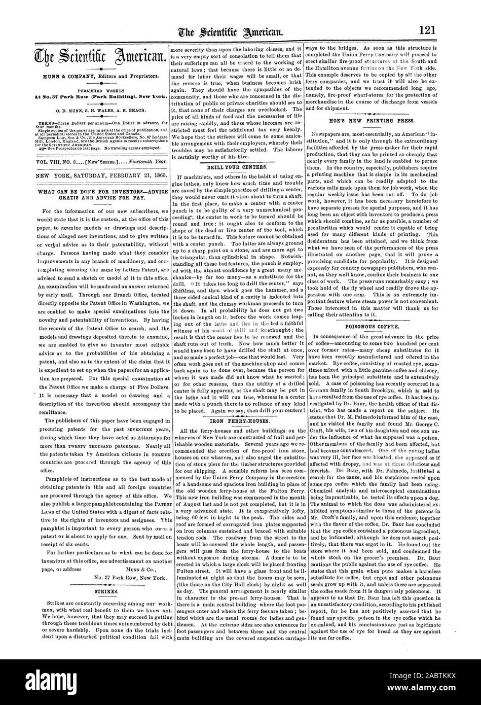 Pubblicato settimanalmente 0. D. MUNN S. H. GALLES A. E. BEACH. quattro mesi. Singole copie della carta sono in vendita presso l'ufficio di pubblicazione e a tutti i negozi periodiche negli Stati Uniti e in Canada. Sampson bassa figlio er Co. i librai americano No. 47 Ludgate Hill Londra Inghilterra sono gli agenti britannici di ricevere le sottoscrizioni, Scientific American, 1863-02-21 Foto Stock