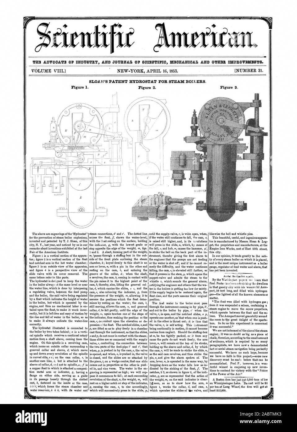 Tindifit Andietart NEW-YORK IL 16 APRILE 1853. [Numero 31. La figura 1. SLOAN, idrostato di brevetto per caldaie a vapore. Figura 3. i'7 N.L EV V. Navigazione Aerea nuovamente., Scientific American, 1853-04-16 Foto Stock