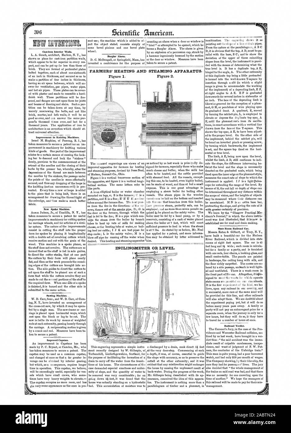 In ghisa a pareti interne. Miglioramento nelle macchine per maglieria. Nuova macchina a raggio. Macchina segatrice. Cabestano migliorata. Allarme antifurto. Camera di Stato vagone ferroviario. Ferrovia verdetto. Inclinometro o livello. t, Scientific American, 1853-08-27 Foto Stock