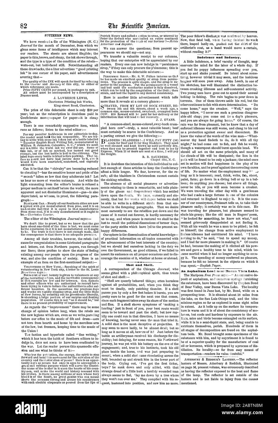 Shot e Shell. Indolenza e industria. Un filo Asphaltum vicino a Buena Vista Lago., Scientific American, 1864-02-06 Foto Stock