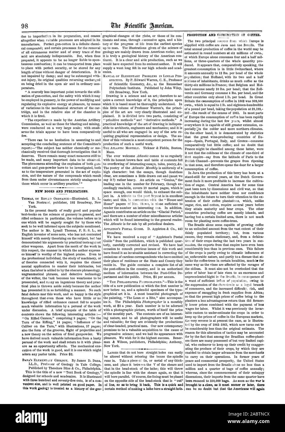 Con trecento e Settanta-cinque tagli è di una biella di dimensioni venient ed è ben stampato su una carta di qualità. In questo lavoro la geologia è trattata come una storia di geo manuale dei problemi elementari nel caso lineare per alcuni metodo di fabbricazione di un tornio foro un foro dritto. La produzione e il consumo di caffè. stato reauced a 350000 sacchetti. Non appena la guerra è, Scientific American, 1864-02-13 Foto Stock