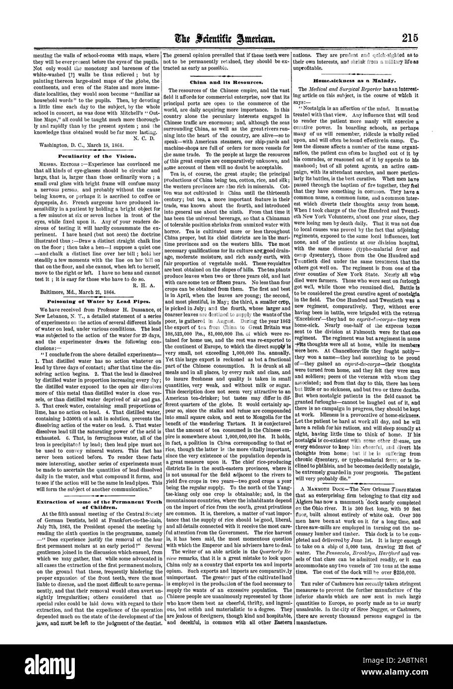 Peculiarità della visione. Avvelenamento di acqua dai tubi di piombo. Estrazione di alcuni dei denti permanenti dei bambini. La Cina e le sue risorse. Home-malattia come un male., Scientific American, 1864-04-02 Foto Stock