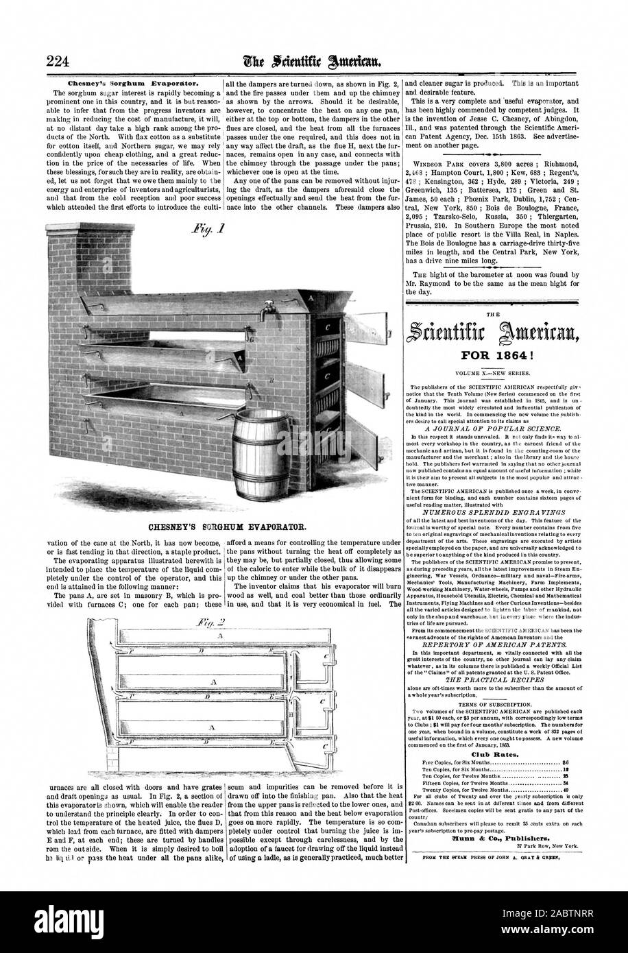 Chesney ha il sorgo evaporatore. Per il 1864! Tariffe club. Munn .1Ic Co. Gli editori. Dal vapore premere DI GIOVANNI UN ORAT & ORRIN CHESNEY IL SORGO EVAPORATORE., Scientific American, 1864-04-02 Foto Stock
