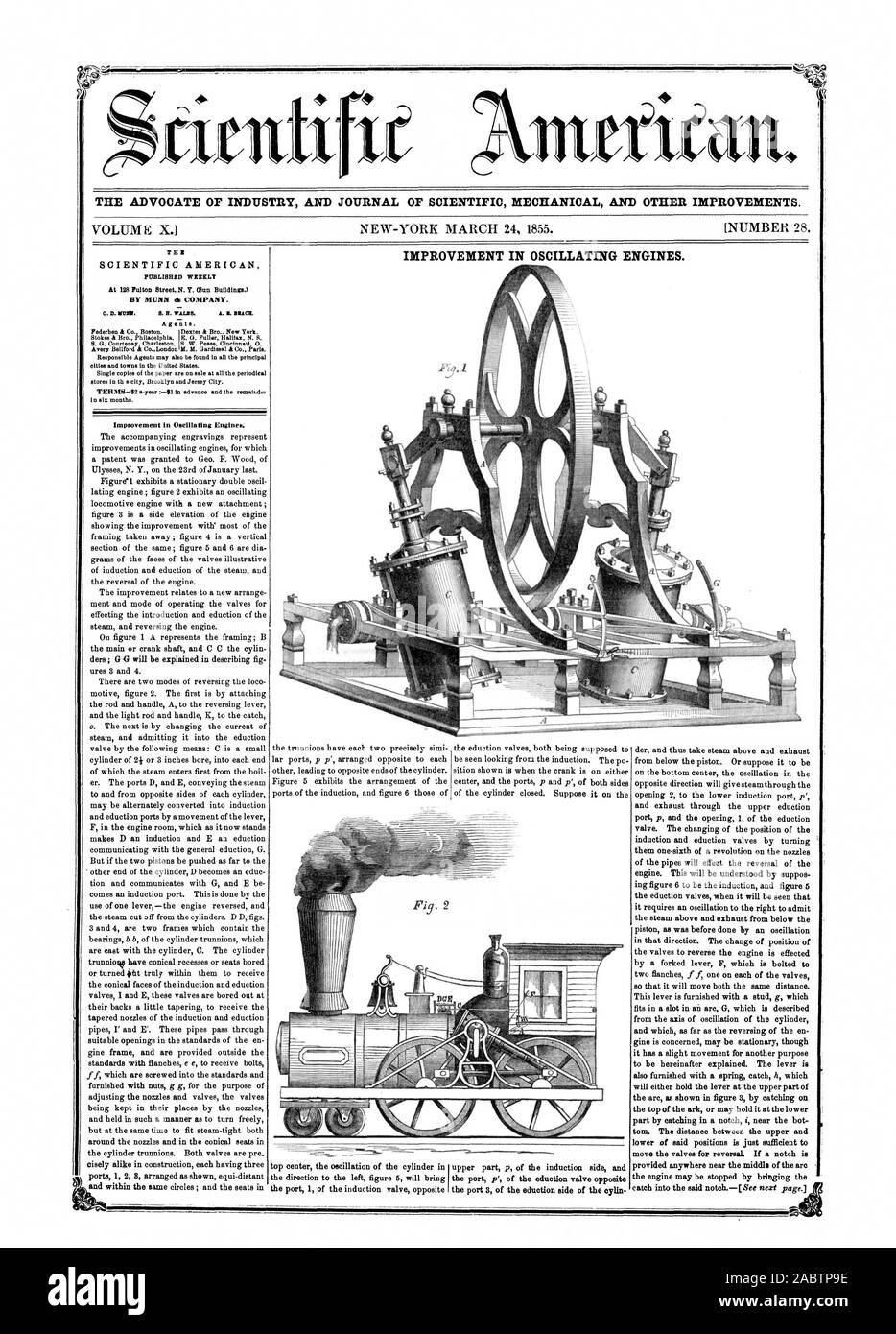L' AVVOCATO DI INDUSTRIA E UFFICIALE DELLA MECCANICA scientifica e altri miglioramenti. 4 Miglioramento nei motori oscillante. A 128 Fulton Street. N. Y. (sun edifici.) da MUNN presso l'azienda. Miglioramento nei motori oscillante., Scientific American, 1855-03-24 Foto Stock