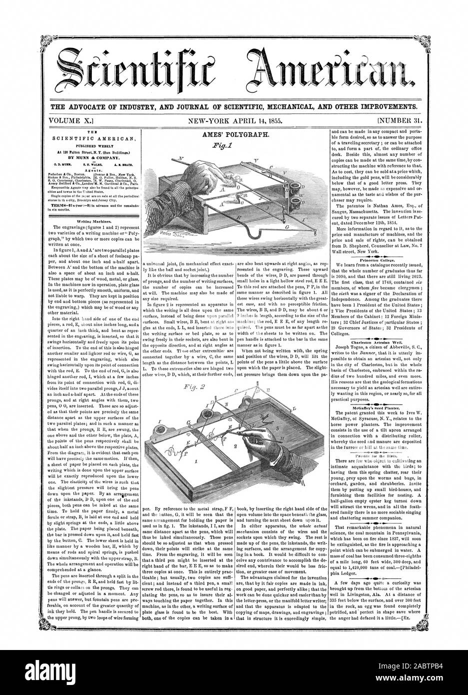 L' AVVOCATO DI INDUSTRIA E UFFICIALE DELLA MECCANICA scientifica e altri miglioramenti. AMES' POLIGRAFO. La Fig.1, Scientific American, 1855-04-14 Foto Stock