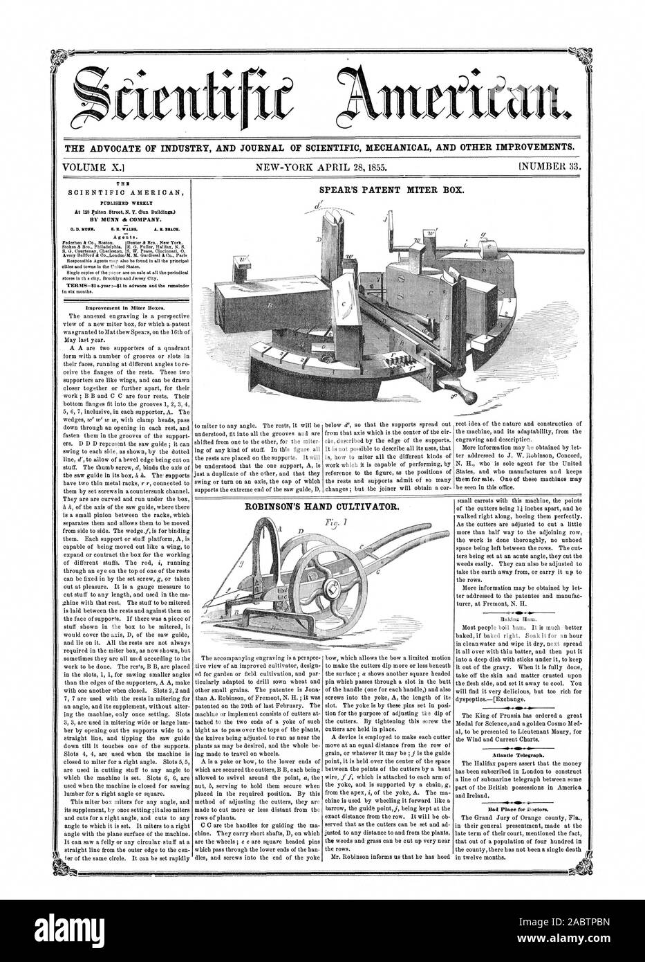 L' AVVOCATO DI INDUSTRIA E UFFICIALE DELLA MECCANICA scientifica e altri miglioramenti. T H B pubblicato settimanalmente un g en t a. ROBINSON ha la mano in un coltivatore. Lancia il brevetto del mitra BOX., Scientific American, 1855-04-28 Foto Stock
