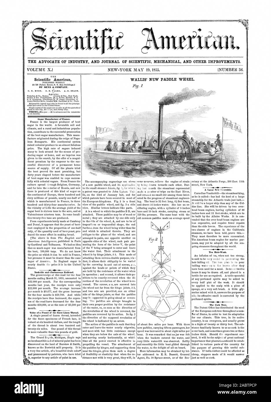 Inetitan AVVOCATO DI INDUSTRIA E UFFICIALE DELLA MECCANICA scientifica e altri miglioramenti. WALLIS" nuova pala ruota. La fabbricazione dello zucchero della Francia. Nashville e Chattanooga Railroad. Valore di una libbra di migliori filo di lino. La struttura ad albero di sughero., Scientific American, 1855-05-19 Foto Stock