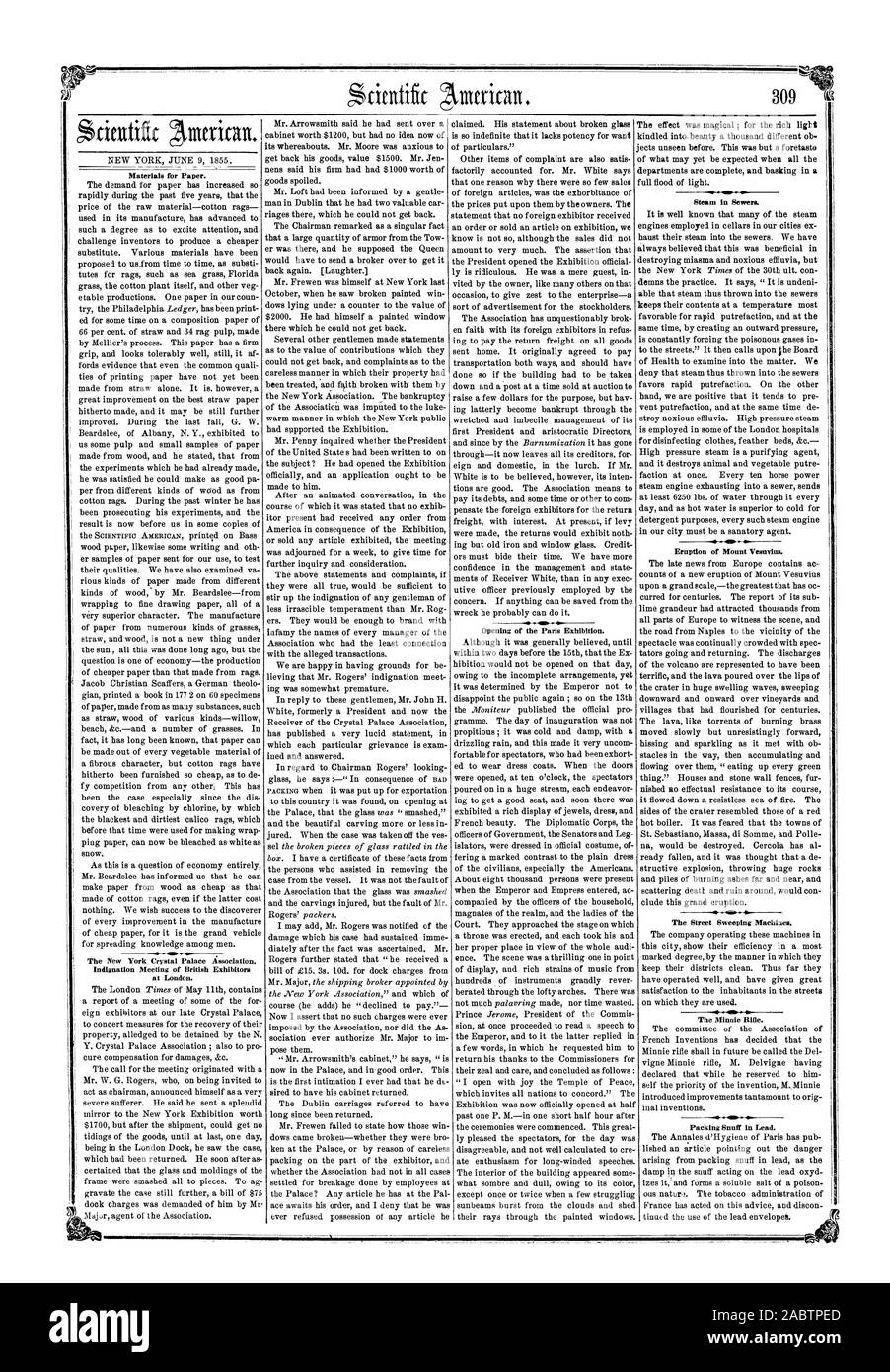 Materiali per la carta. Indignazione riunione della British espositori a Londra. Apertura dell'Esposizione di Parigi. Il vapore in fogne. Eruzione del Vesuvio. Le macchine spazzatrici stradali. Ilit - La Minnie Rille. Il tabacco da fiuto di imballaggio in piombo., Scientific American, 1855-06-09 Foto Stock