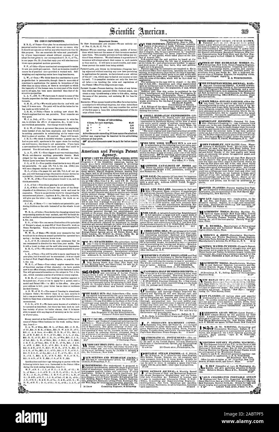 Per corrispondenti. Gli elementi più importanti. Termini di pubblicità. linee per ciascun insertJpn. 81.00 8 ' 200 06 annunci pubblicitari superiori a 16 linee non può essere ammesso né incisioni possono essere inseriti in colonne di pubblicità a qualsiasi prezzo. ing. E estera americana Agenzia Brevetti. invenzioni brevettate attraverso il nostro stabilimento sono ETALLIC OLIO-CUMBERLAND FRATELLI dieci giorni successivi. P ORTABLE Motori a vapore.-S. C. COLLINE WILE ARTIGIANO UFFICIALE-un record mensile fango mineraria europea ufficiale rampa. Ruspe POTENZA-Persone che vogliono piano ferro acqua-TUYEHES-Prosser il brevetto. 61000 ricompensa offerti dal titolare del brevetto per Foto Stock