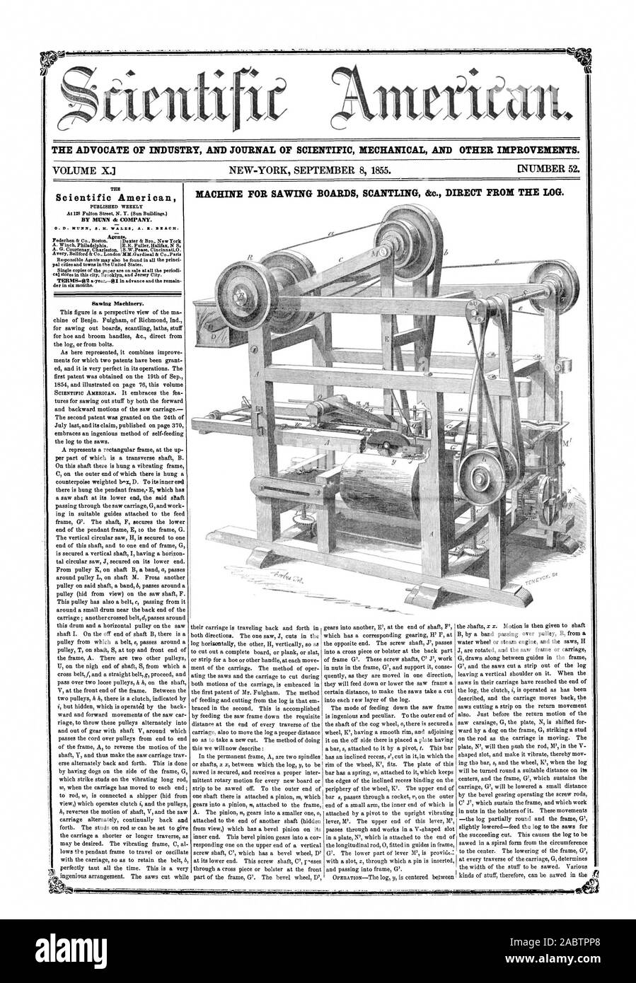 L' AVVOCATO DI INDUSTRIA E UFFICIALE DELLA MECCANICA scientifica e altri miglioramenti. VOLUME X. Scientific American DA MUNN società dr. Agenci. Macchine per segare., 1855-09-08 Foto Stock