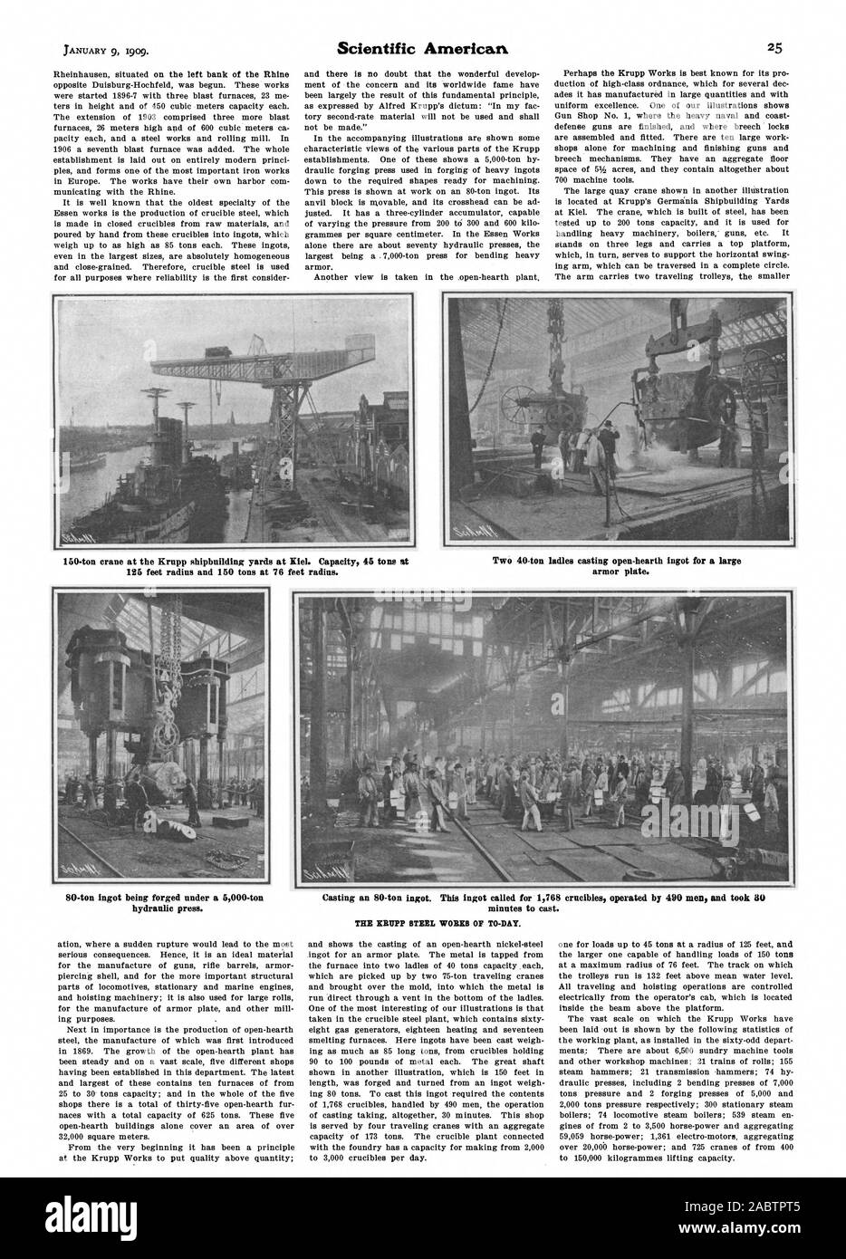 150-ton gru a Krupp di cantieri navali a Kiel. Capacità 45 tonnellate a due 40-ton di siviere di colata a caminetto lingotto per una grande 125 piedi e raggio di 150 tonnellate a 76 piedi radius. corazzatura. minuti a cast. Acciaio KRUPP opere di al-giorno. 80-ton lingotto essendo fucinati sotto un 5000-ton pressa idraulica., Scientific American, -1909-01-09 Foto Stock