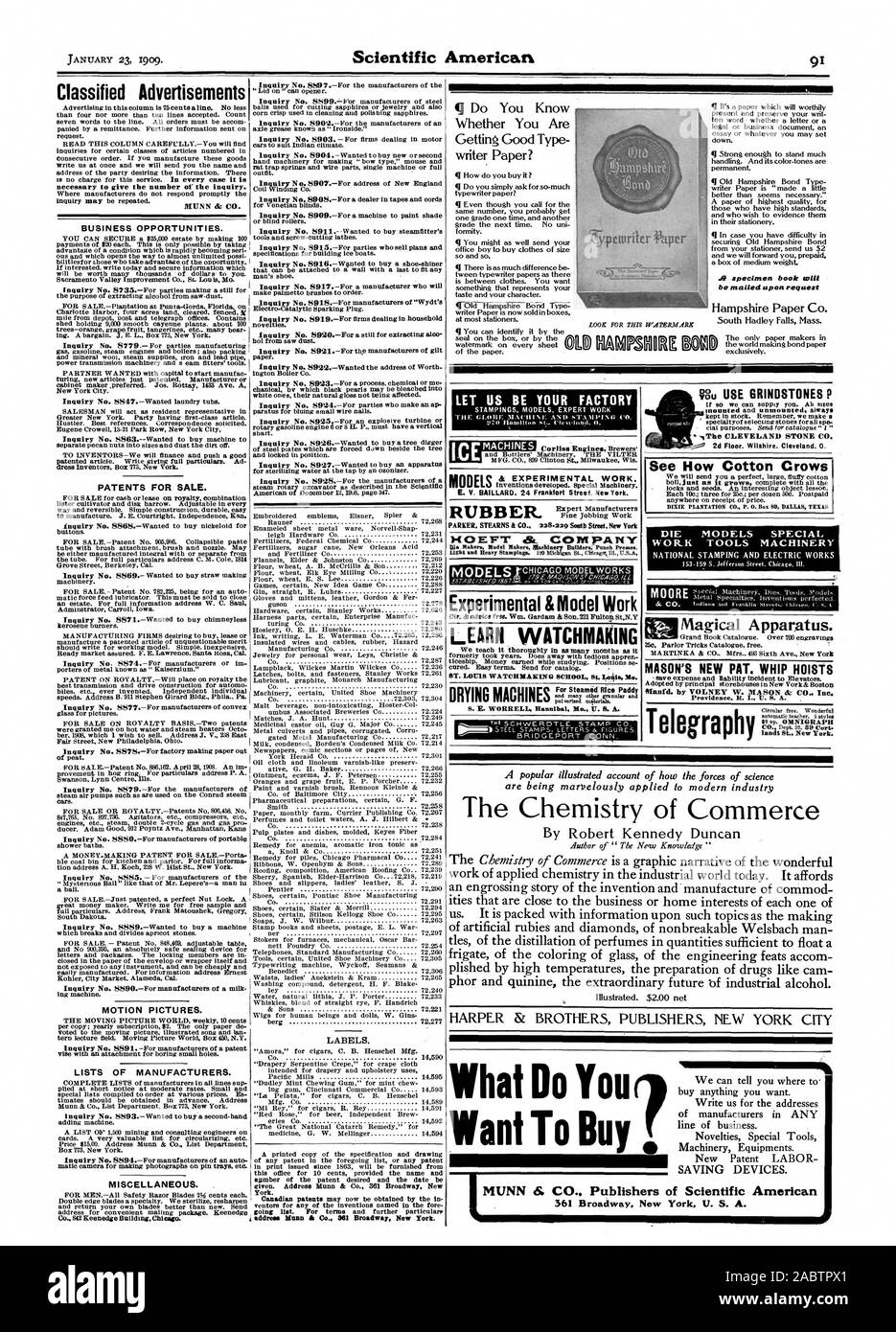 Bella prestazione occasionale a macchine asciugatrici .Cirenler libera ha vinto darfnl automatizzare insegnante. 5 stole landt San lieu York.  P18 timbri in acciaio lettere a figure vedere come il cotone Crows DIXIE PLANTATION CO. P. 0. Casella 89 Dallas Texas Annunci necessari a dare il numero della richiesta. Dcim Jr CO. Opportunità di business. giù. manipolazione. E il suo colore-toni sono permanenti. campione libro sarà inviato su richiesta chimica di commercio Motion Pictures. Elenchi di produttori. aggiunta di una macchina. Varie., Scientific American, -1909-01-23 Foto Stock