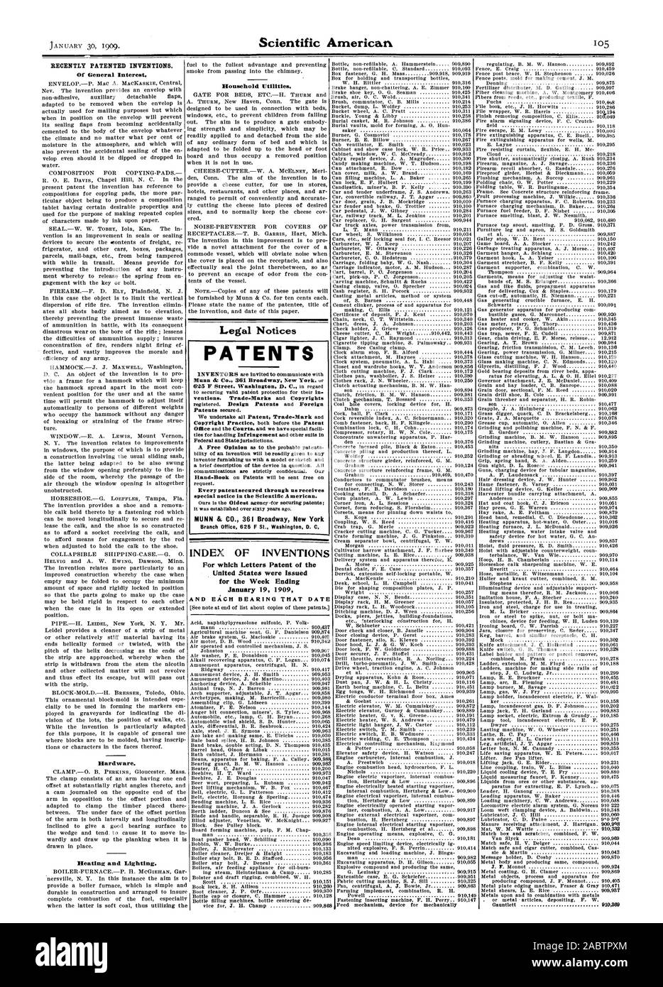 Recentemente invenzioni brevettate. Di interesse generale. Utility di uso domestico. 910082 910480 con corpo in metallo e la produzione di composto stesso hardware. Riscaldamento e illuminazione. Avvisi legali brevetti, 625 F Street a Washington D.C. in proposito ventions. Trade-Marks e i diritti d'autore registrato. Design brevetti e brevetti stranieri secure d. Ci occupiamo di tutti i brevetti e marchi Ufficio e le autorità giudiziarie e abbiamo particolari legami facili per la manipolazione di infrazione e altre tute in statali e federali giurisdizioni. Gratuitamente un parere per quanto riguarda il probabile patenta inventore ci arredamento con un modello o disegno e una breve descrizione di Foto Stock