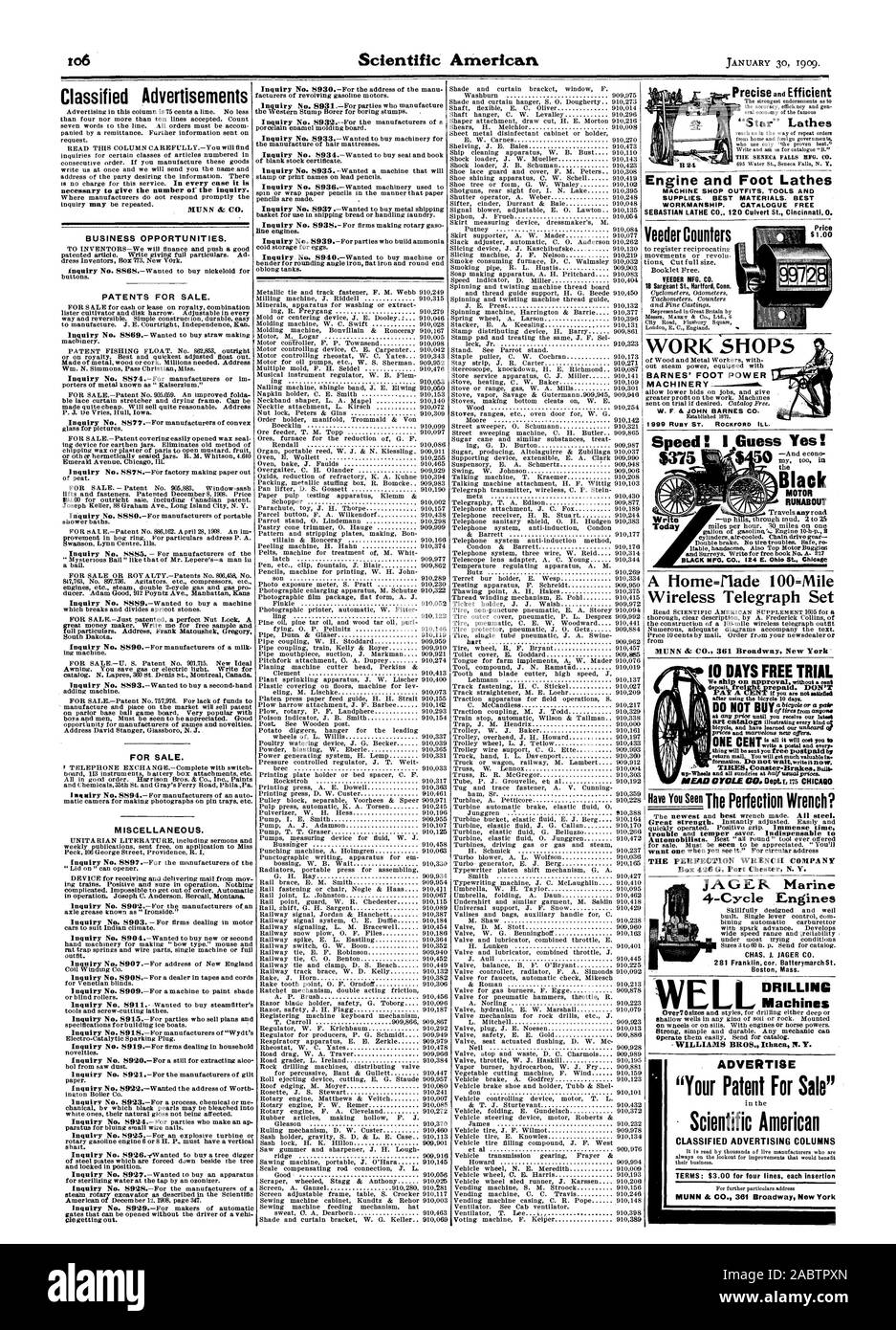 Utilitaria nero MFG. CO 124 E. Ohio St chilometraggio una casa-rlade 100-Mile Wireless Telegraph impostare la chiave di perfezione COIVIPANY velocità! Credo che sì! 5375 La MUNN & CO. 361 Broadway New York ' dieci giorni di prova gratuita a 4 motori a ciclo di CHAS. J. JAGER CO. 281 Franklin cor.Batterymarch San Boston Massachusetts Macchine per foratura pubblicizzare 'Il tuo brevetto per vendita " Scientific American pubblicità classificata colonne termini: $3.00 per quattro linee ogni inserimento preciso ed efficiente di 'star' torni contatori Veeder VEEDER MFG. CO. Lavoro negozi BARNES' piedi Pow er macchinari, -1909-01-30 Foto Stock