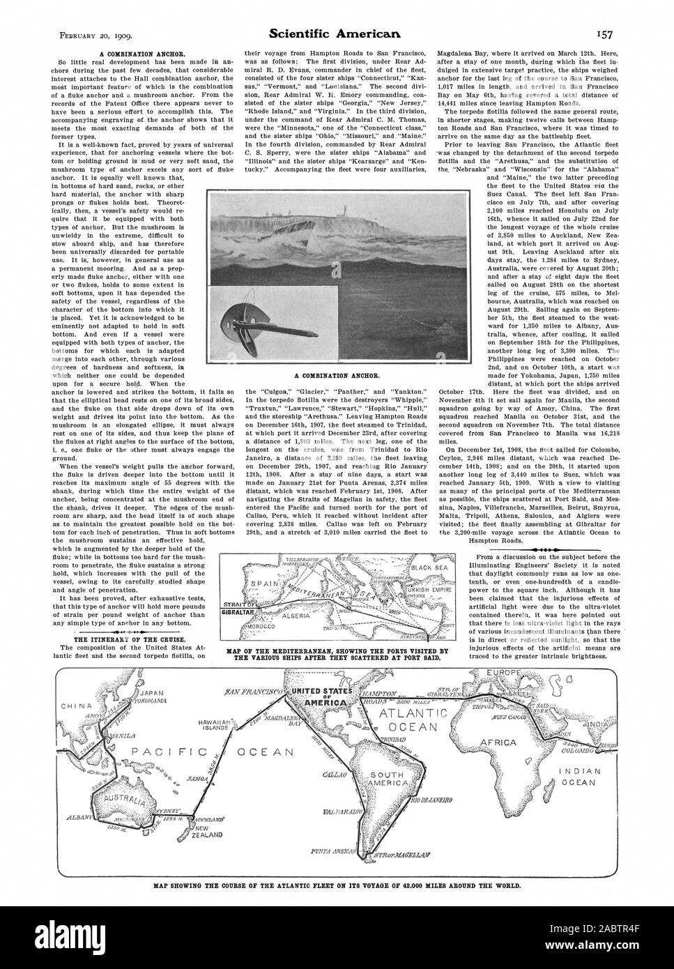 Una combinazione di ancoraggio. L'itinerario della crociera. 4S una combinazione di ancoraggio. Mappa di Gibilterra del Mediterraneo che mostra i porti visitati dalle varie navi dopo la loro dispersa a Port Said. AVYDNIY AL AIIE BAY HAMPTON aIBBAL TER NILA PVNTA ARNN OOL OMB mappa che mostra il corso della Flotta Atlantica su ]TS VIAGGIO DI 42.000 miglia intorno al mondo., Scientific American, -1909-02-20 Foto Stock