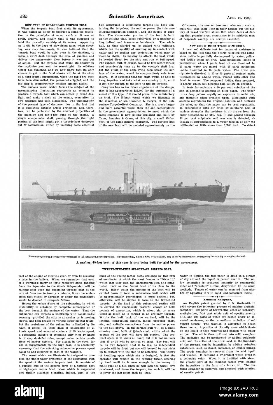 Nuovo tipo di sub-superficiale torpediniera. Una minore 45-barca piede di questo tipo è attualmente in fase di costruzione per la versione di prova dal governo. Venti-cinque-knot sub-superficiale torpediniera. Canfora artificiale., Scientific American, -1909-04-10 Foto Stock