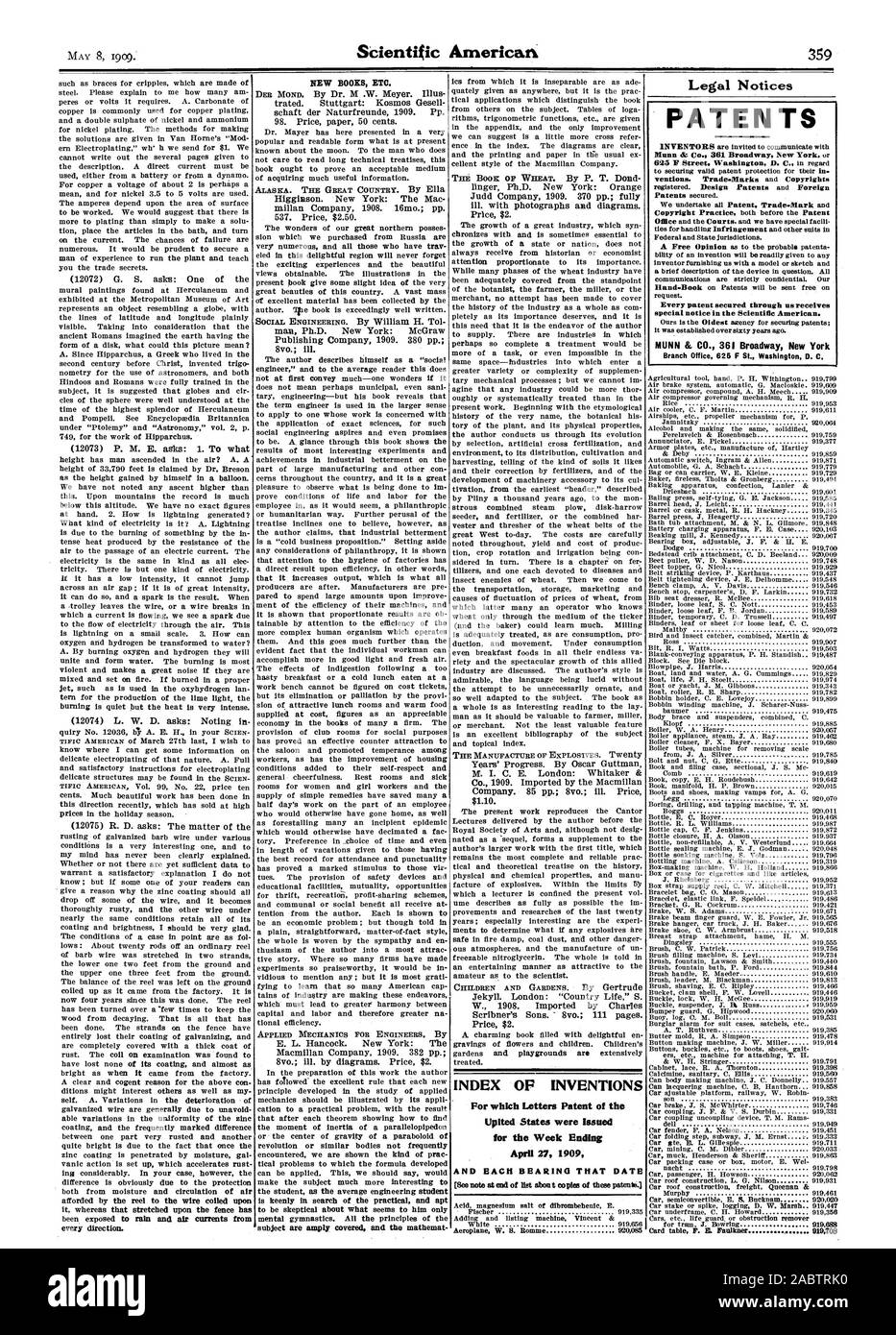 Offerte dalla bobina per il filo avvolto su ogni direzione. soggetto sono ampiamente coperto e il mathemat- dilettante come lo scienziato. Indice delle invenzioni per le quali lettere di brevetto della Upited membri sono stati rilasciati per la settimana che termina il 27 aprile 1909 e ciascun cuscinetto che data [Vedi la nota alla fine dell'elenco alma t copie di questi brevetti. Avvisi legali brevetti registrati. Design brevetti e brevetti stranieri depositati. Ci occupiamo di tutti i brevetti marchi e copyright pratica sia prima che l' Ufficio europeo dei brevetti e i tribunali e abbiamo particolari legami facili per la manipolazione di infrazione e altre tute in Federal Foto Stock