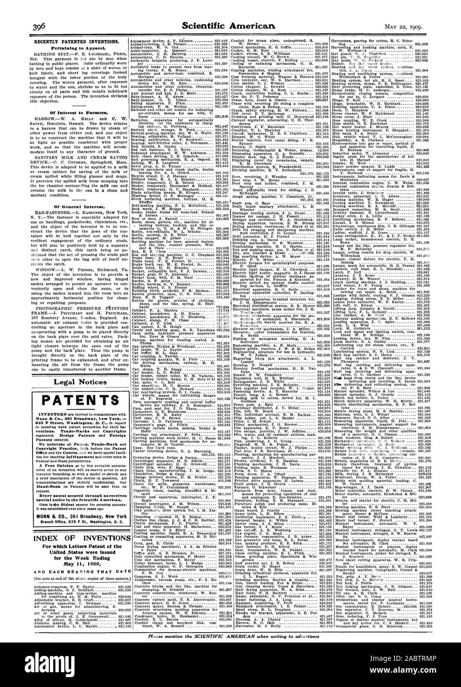 Recentemente invenzioni brevettate. Relativi all'abbigliamento. Di interesse per gli agricoltori. Di interesse generale. Mi Avvisi Legali PATENA TS avviso speciale nel campo scientifico un merican. MUNN & CO. 361 Broadway New York Indice di invenzioni per le quali lettere di Brevetto degli Stati Uniti sono stati rilasciati per il fine settimana di maggio 1909 Si prega di menzionare il Scientific American durante la scrittura per gli inserzionisti, -1909-05-11 Foto Stock