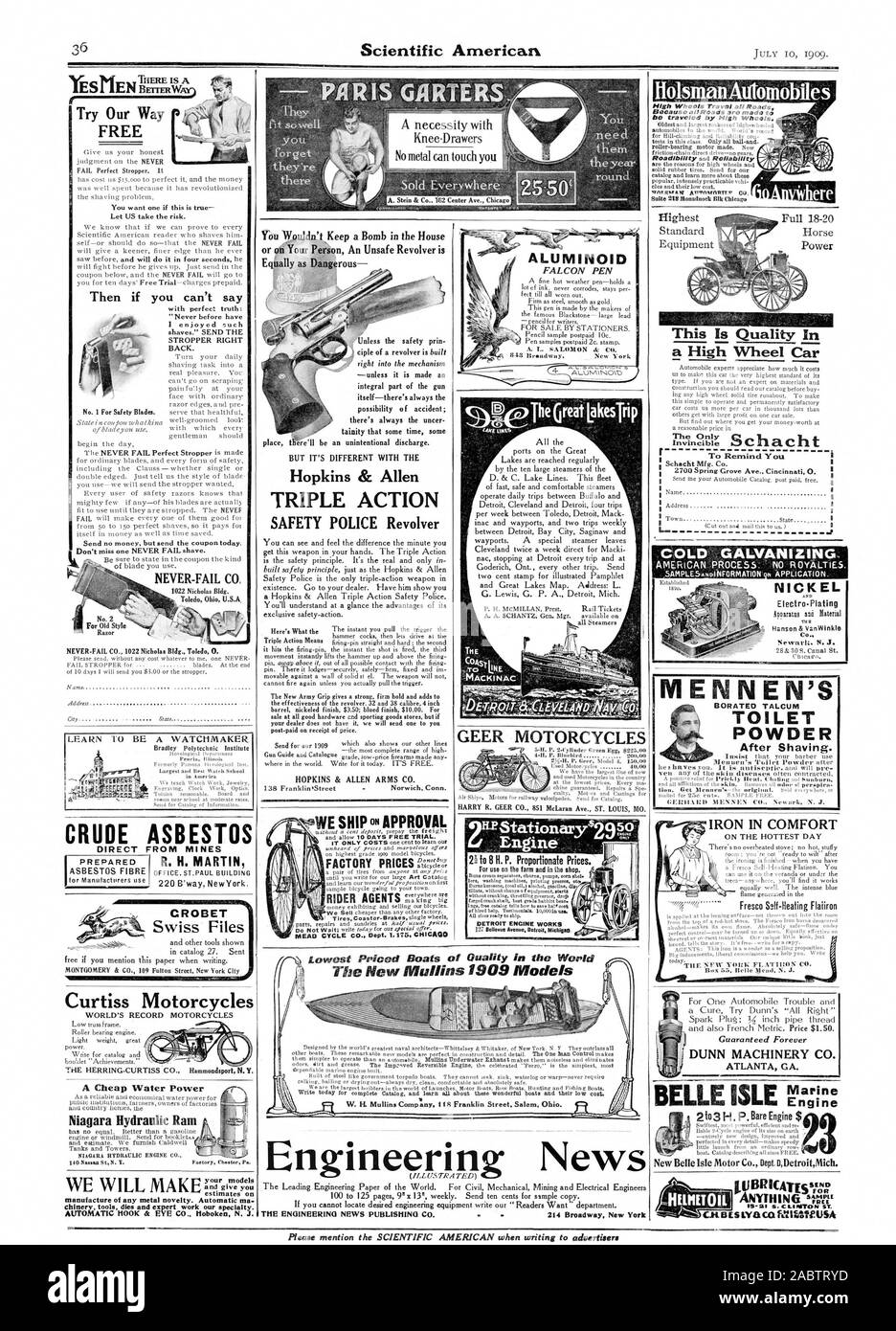 In polvere dopo la rasatura. La zincatura a freddo. Nichel Electra- placcatura TES Nuovo Belle Isle Motor Co. Dept. DDetroitMich. Parigi GIARRETTIERE A. Stein & Co. 182 Centro Ave. Chicag GEER MOTOCICLI 4-II. P. Bluebird HARRY R. GEER CO. 851 MeLaran Ave. ST. LOUIS MO. No. 1 per lame di sicurezza. Si desidera che uno se questo è vero allora se non puoi dire 'Non ho mai goduto di tali STROPPER a destra indietro. No. 2 FAREMO, Scientific American, -1909-07-10 Foto Stock