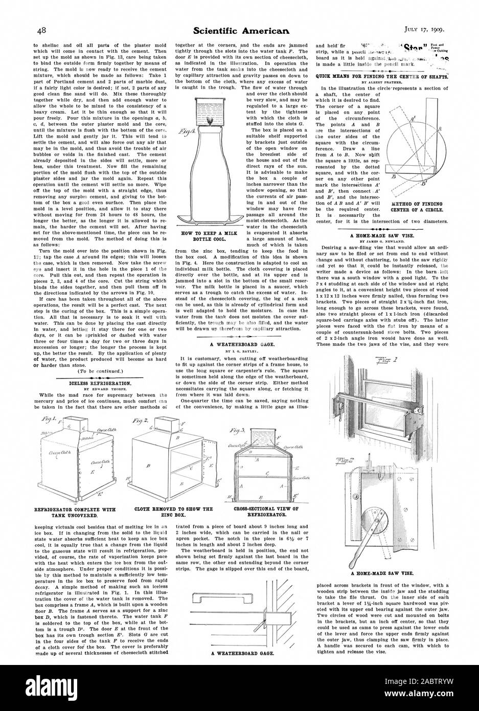 ICELESS REFRIGERAZIONE. Frigorifero completo di serbatoio scoperto. Un WEATHERBOARD GAGE. Vista in sezione trasversale di un frigorifero. Mezzo rapido per trovare il centro di alberi. Una fatta in casa ha visto una morsa. Una fatta in casa ha visto una morsa. Come conservare una bottiglia di latte fresco. Tessuto asportato per mostrare la scatola in zinco. Un WEATHERBOARD GAGE., Scientific American, -1909-07-11 Foto Stock