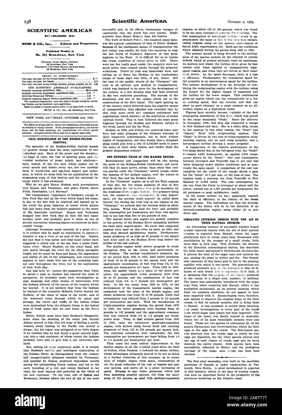 SCIENTIFIC AMERICAN STABILITO 1845 settimanale pubblicata al n. 361 Brondwa.y. New York 361 Broadway New York. 363 Broadway New York. Una copia di un anno per il Canada 3,75 una copia di un anno per qualsiasi paese straniero affrancatura prepagata 18s. 6d 4.60 Scientific American (stabilito 1845) $3.00 un anno Scientific American Supplement (stabilito 1876) 5,00 ' American case e giardini. . 8.00 ' Scientific American edizione di esportazione stabilito (1878). 3.00 ' l'abbonamento combinato tariffe e le tariffe per i paesi stranieri ch. MUNN & CO. Inc. 361 Broadway New York. NEW YORK SABATO 2 OTTOBRE 1909. Il Foto Stock