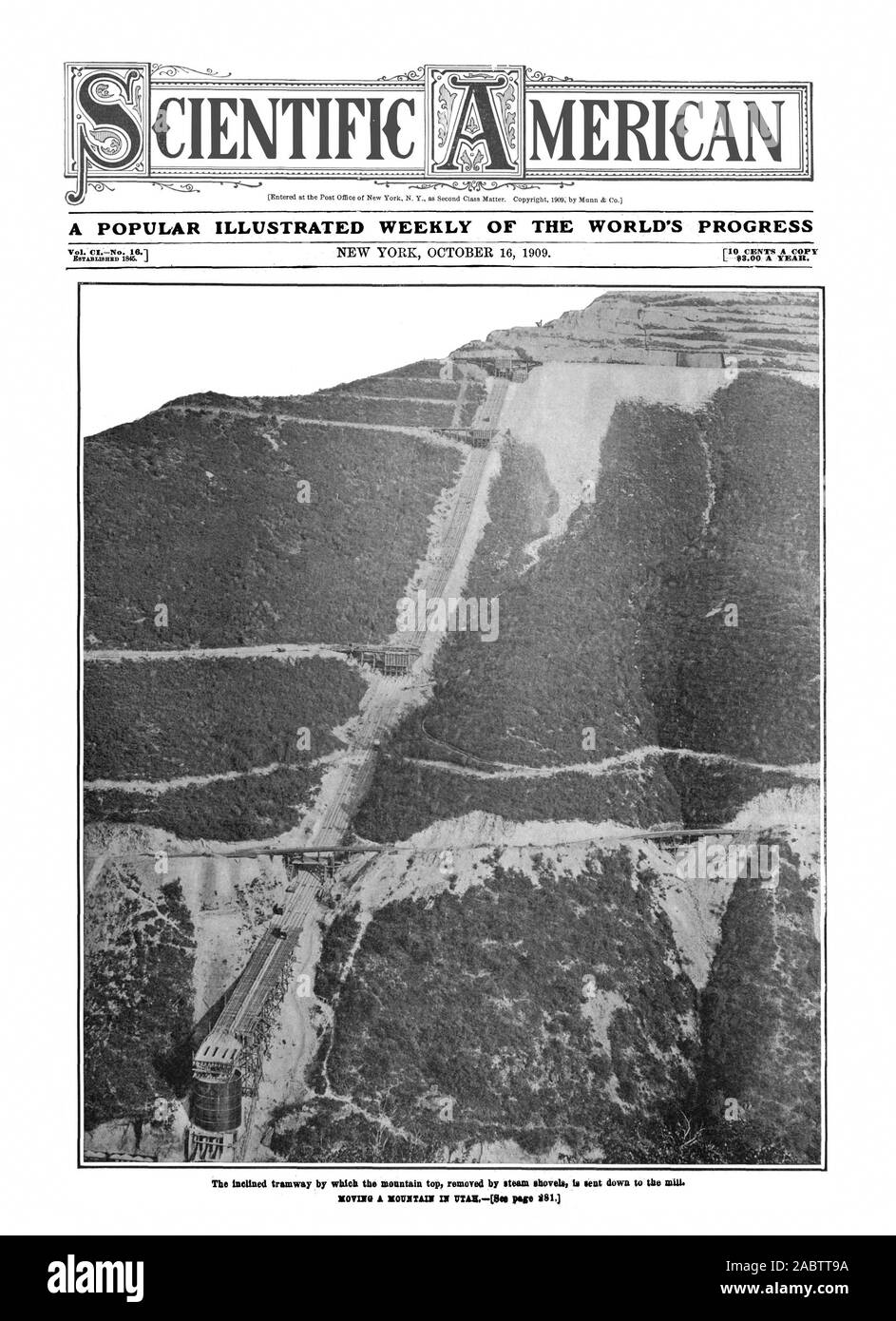 MERICAN un famoso settimanale illustrato del progresso del mondo stabilito 1845.  I L $3,00 all'anno. La tranvia inclinata mediante il quale la cima della montagna rimosso dalle pale del vapore viene inviato verso il mulino., Scientific American, -1909-10-16, lo spostamento di una montagna in Utah Foto Stock