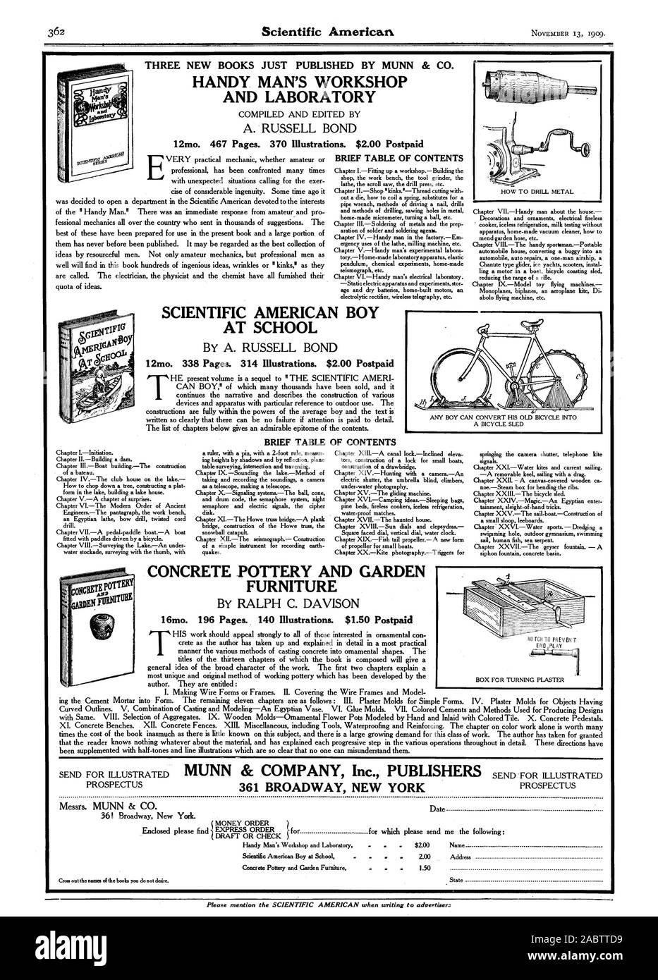 Breve sommario tre nuovi libri appena pubblicato da MUNN & CO. HANDY MAN'S WORKSHOP E LABORATORIO Scientific American Boy a scuola breve tabella di contenuti concreti e di ceramica mobili da giardino si prega di menzionare il Scientific American durante la scrittura per gli inserzionisti, -1909-11-13 Foto Stock