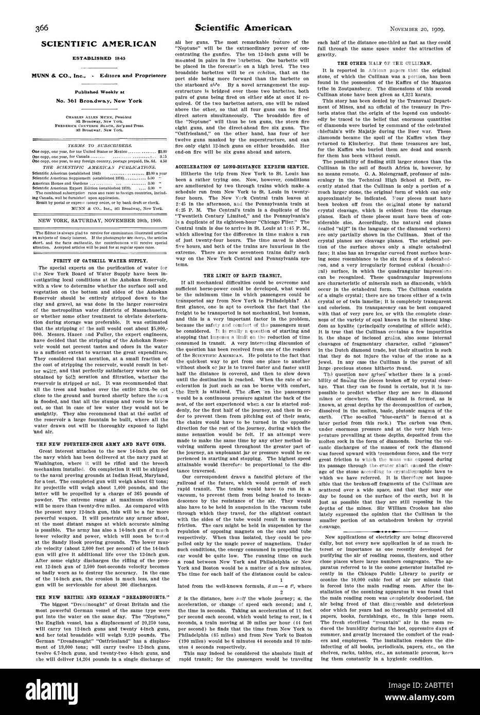 SCIENTIFIC AMERICAN STABILITO 1845 MUNN & Co Inc. Editori e proprietari settimanale pubblicata al n. 361 Broadway. New York la purezza di Catskill alimentazione idrica. Il nuovo quattordici pollici esercito e della marina pistole. Il nuovo britannico e tedesco 'DREADNOUGHTS.' ACCELERAZIONE DI LUNGA DISTANZA servizio EXPRESS. Il limite di transito rapido. L'ALTRA METÀ DI CULLINAN., -1909-11-20 Foto Stock