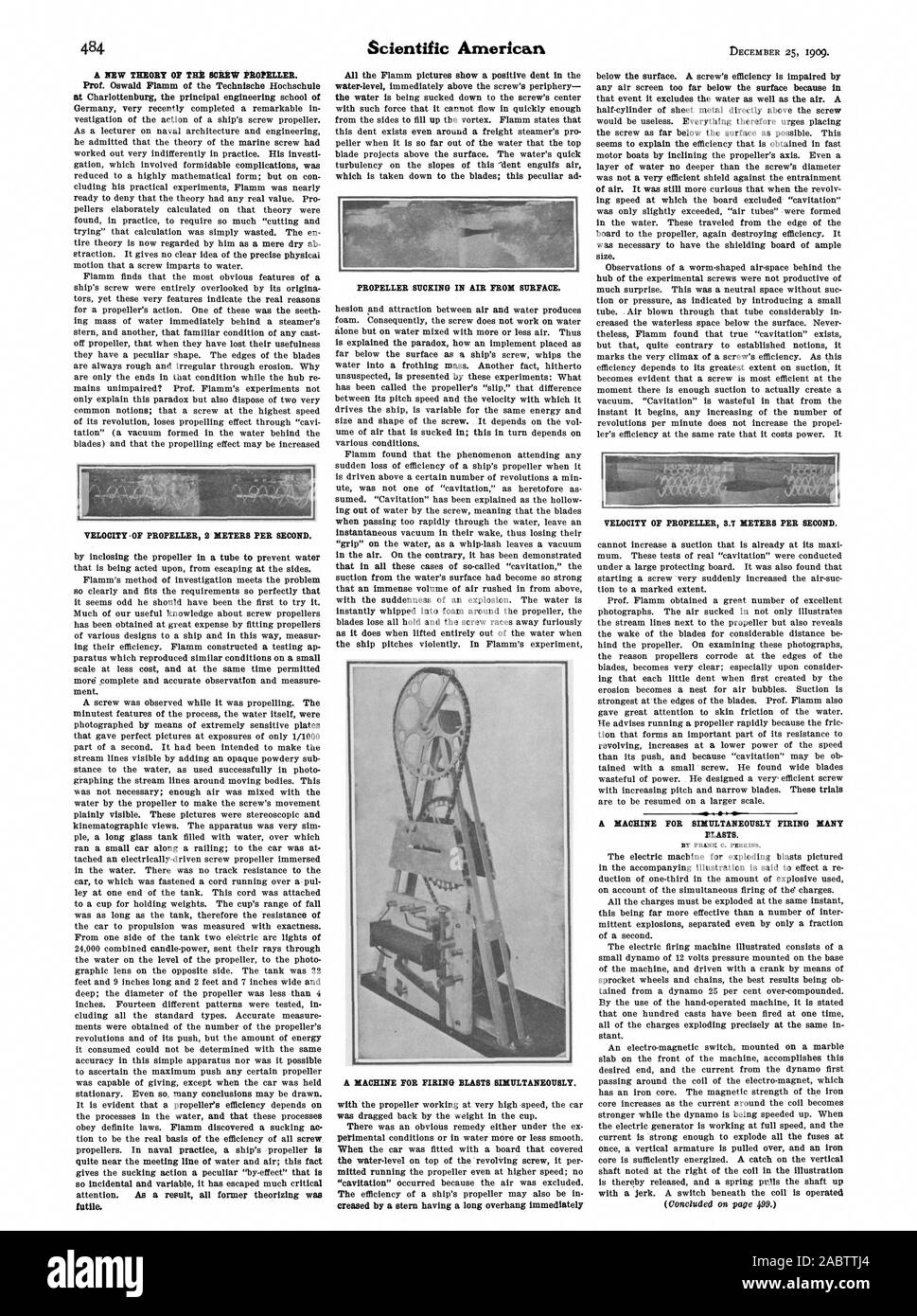 Il prof. Oswald Flamm della Technische Hochschule Velocity -di elica 2 metri al secondo. Da inclosing propulsore in un tubo per evitare che l'acqua futile. Elica di aspirazione dell'aria dalla superficie. Velocità del propulsore 8,7 metri al secondo. Blasti. Dalla beffa C. PERKINS., Scientific American, -1909-12-25 Foto Stock