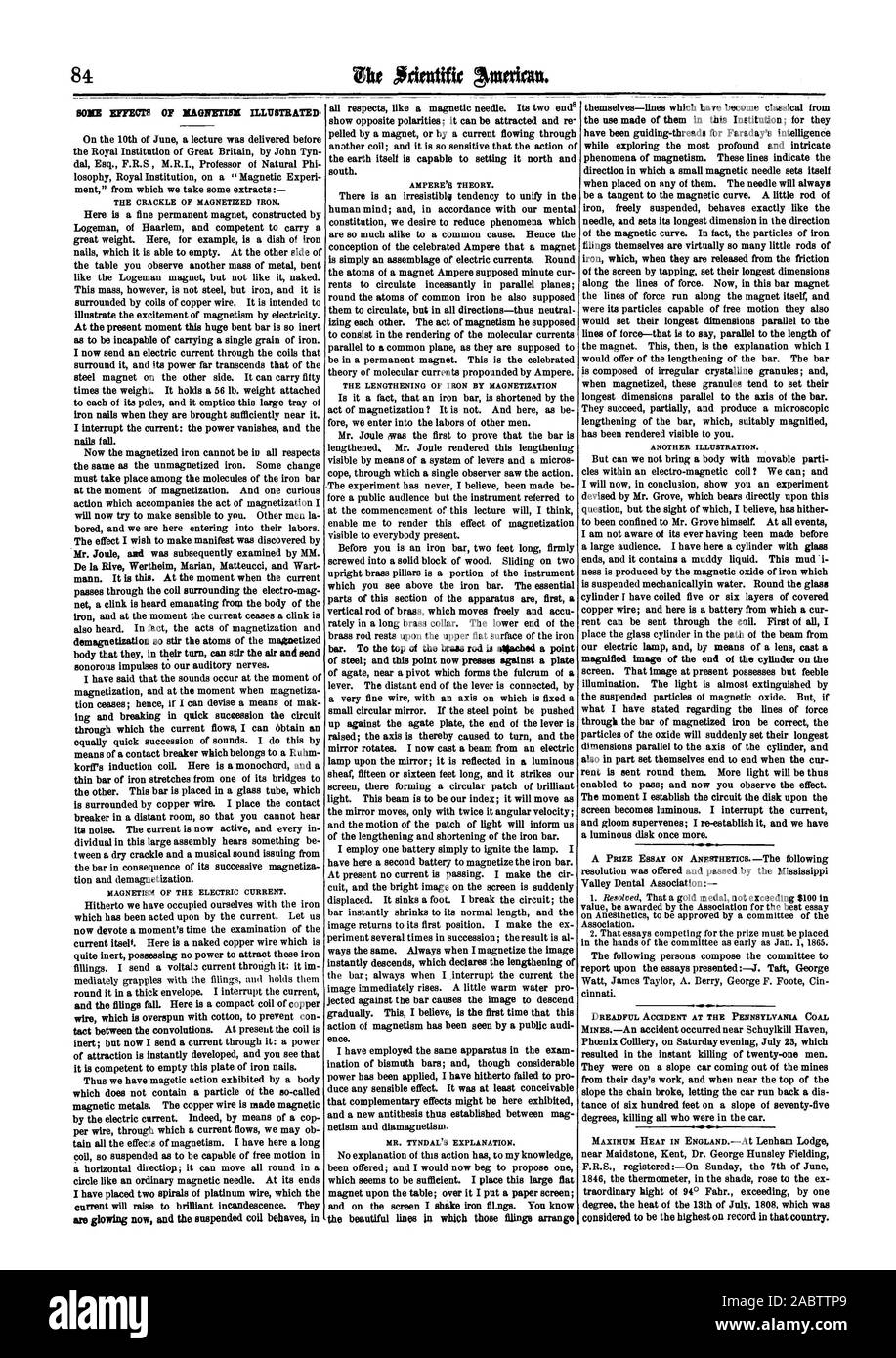 Alcuni effetti di KAMMER illustrato. Il magnetismo della corrente elettrica. sono ora incandescente e la bobina sospesa si comporta in ampere la teoria. L'allungamento del ferro mediante barra di magnetizzazione. Per la parte superiore del cilindretto di ottone è atiachad un punto di acciaio; e questo punto ora preme contro una piastra il sig. TYNDAL di spiegazione. le belle linee in cui i residui di limatura di organizzare un'altra illustrazione. Terribile incidente in Pennsylvania del carbone, Scientific American, 64-08-06 Foto Stock